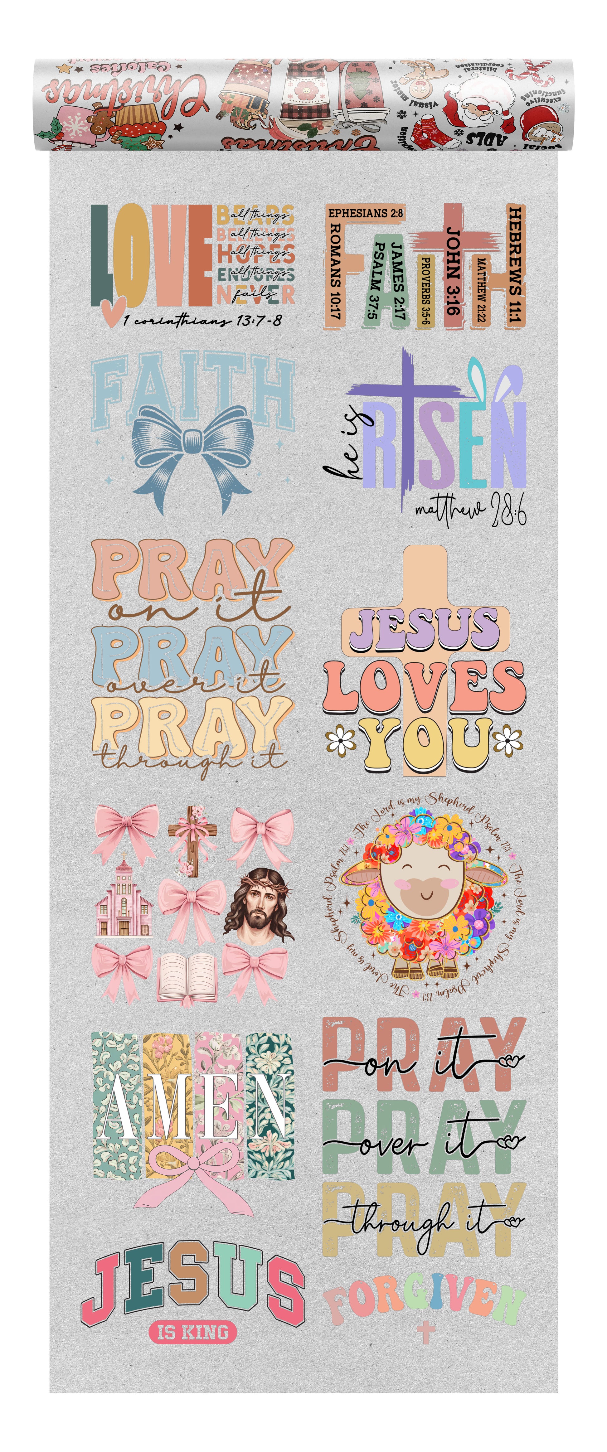 Christian DTF heat transfer bundle featuring 12 ready-to-press religious designs, including faith-based quotes, Bible verses, crosses, and Christian typography.