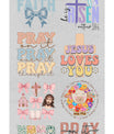 Christian DTF heat transfer bundle featuring 12 ready-to-press religious designs, including faith-based quotes, Bible verses, crosses, and Christian typography.