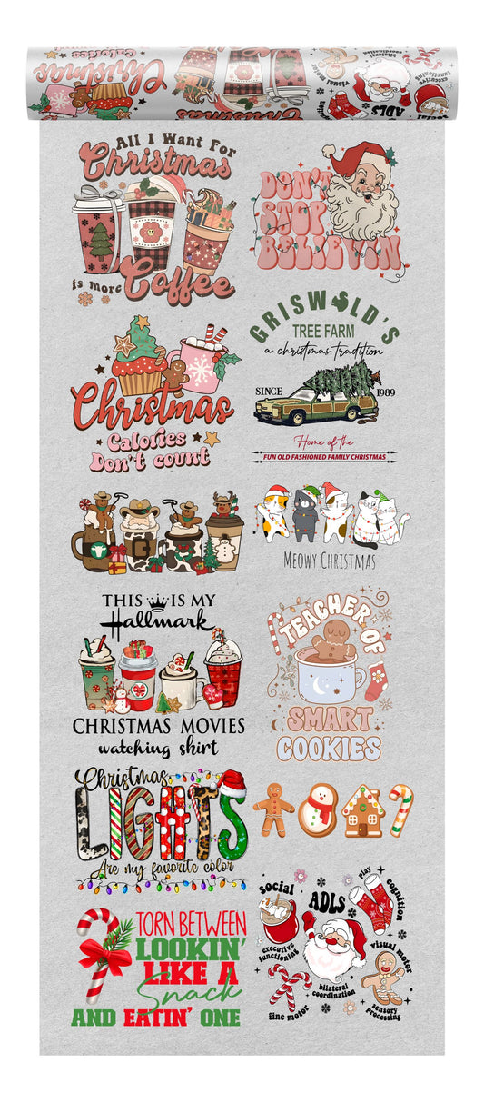 Bundle of twelve Christmas-themed DTF transfer designs featuring festive slogans, holiday characters, and seasonal motifs, suitable for various apparel and fabrics, a premium custom DTF design by Sam's DTF Transfers.