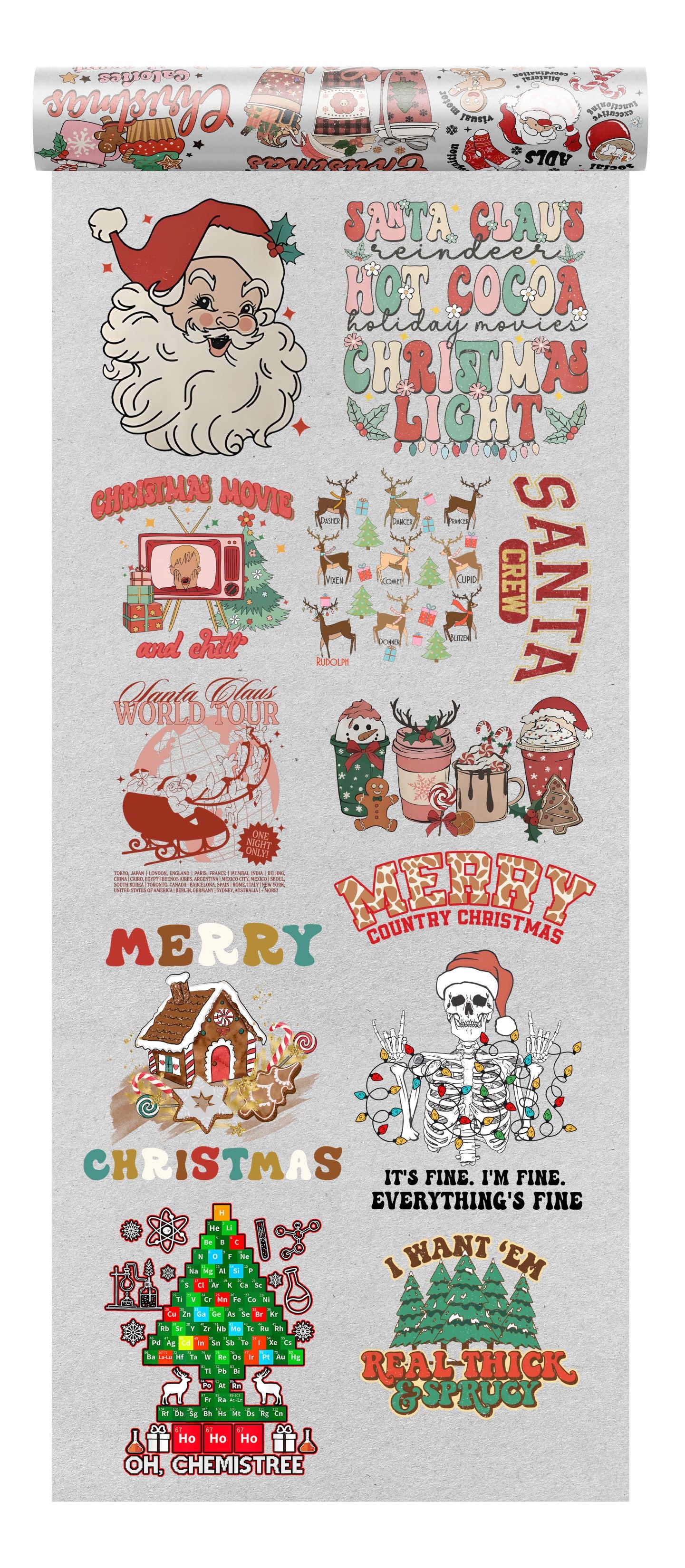 Assorted bundle of twelve custom DTF Christmas designs featuring Santa Claus, holiday puns, festive trees, and quirky quotes, ideal for personalizing adult apparel and accessories, a premium custom DTF design by Sam's DTF Transfers.