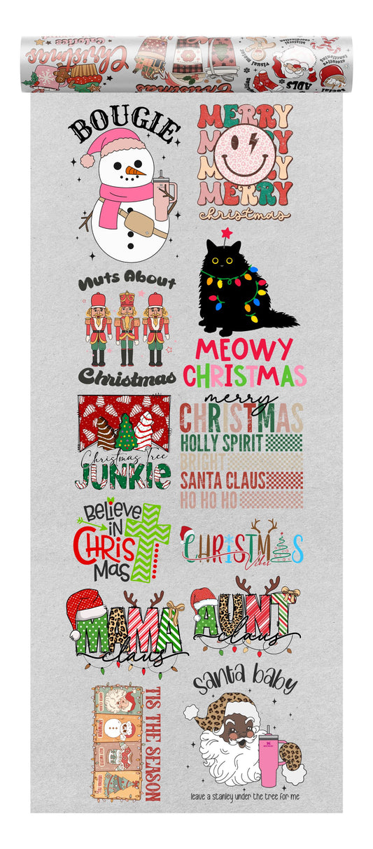 Eclectic mix of twelve Christmas-themed DTF transfer designs featuring festive animals, cheerful slogans, and holiday patterns, perfect for customizing adult apparel and gifts, a premium custom DTF design bundle by Sam's DTF Transfers.