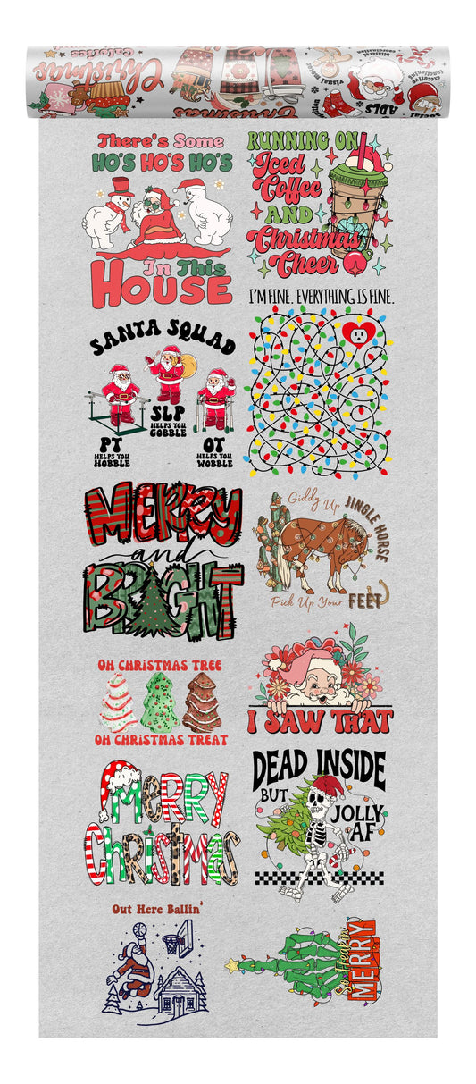 A festive bundle includes twelve custom DTF Christmas designs with humorous and spirited themes, such as Santa, holiday treats, and playful quotes, perfect for adult apparel and gifts, a premium custom DTF design by Sam's DTF Transfers.