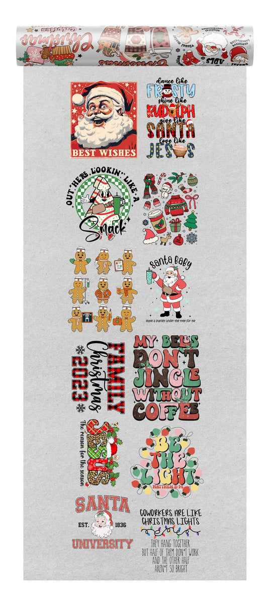 A diverse DTF bundle of twelve adult-sized, Christmas-themed custom DTF designs, featuring humorous and classic holiday motifs, perfect for personalizing apparel and gifts, a premium custom DTF design by Sam's DTF Transfers.