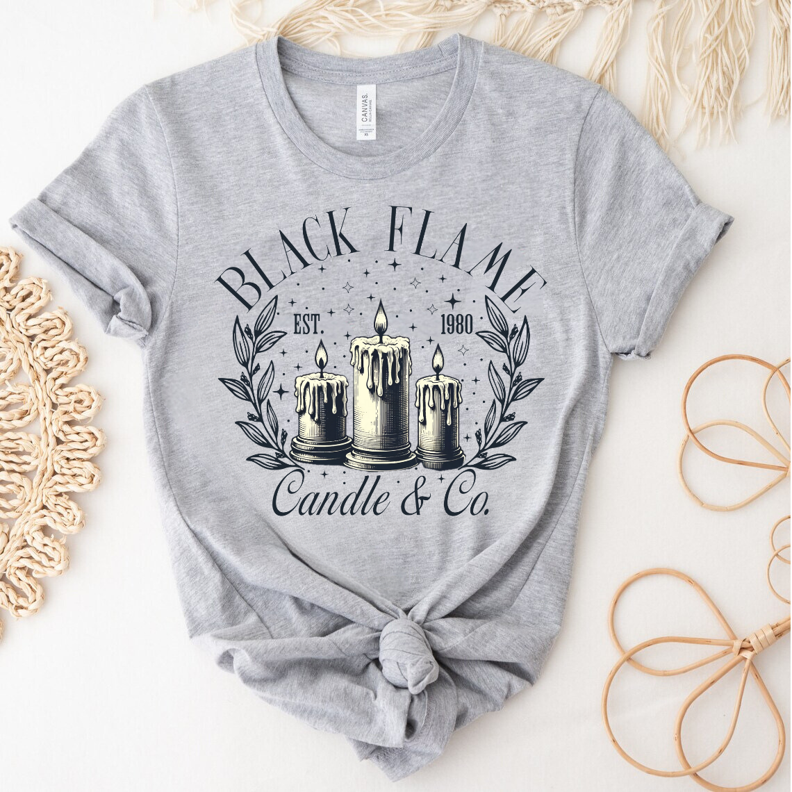 Black Flame Candle & Co. DTF transfer design on a grey t-shirt