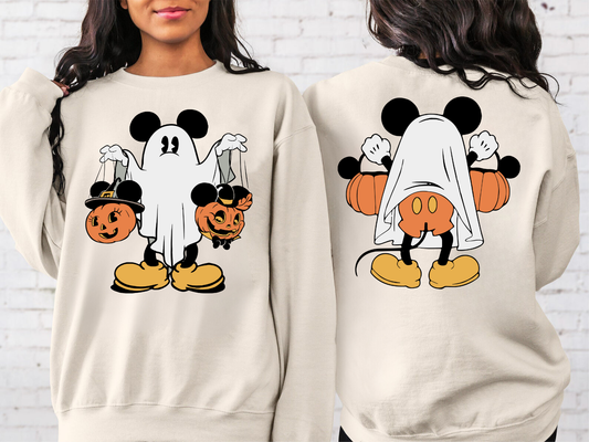 Halloween cartoon character with pumpkin heads and ghost DTF transfer on a sweatshirt.