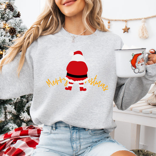 Minimalist Christmas sweatshirt design showing Santa Claus from behind with "Merry Christmas" written in elegant script.