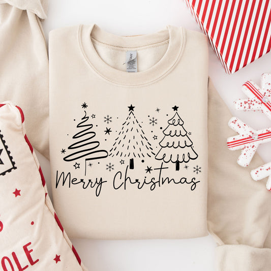 Christmas sweater with minimalist black Christmas trees and star details, perfect for holiday celebrations.