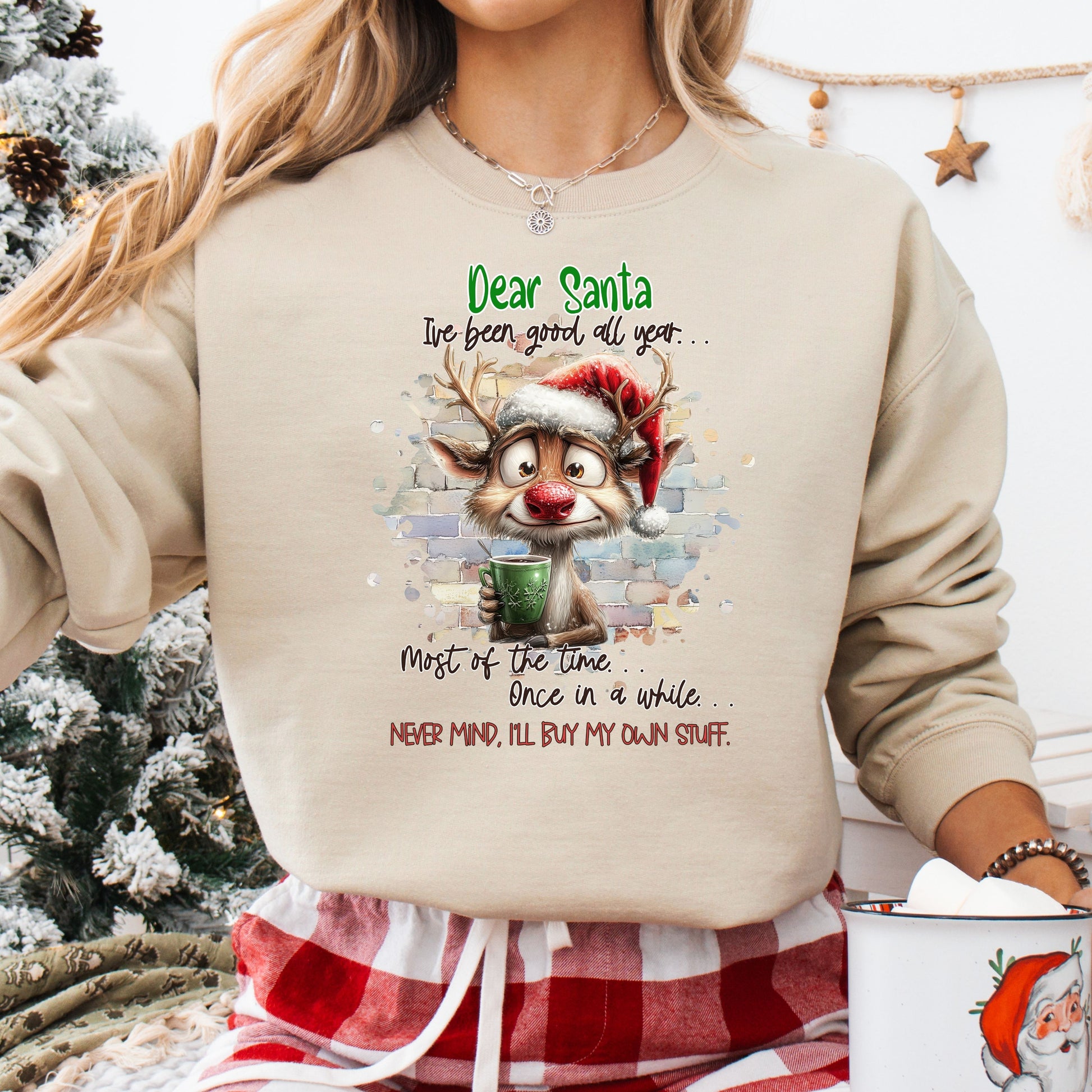 Whimsical 'Dear Santa, I'll Buy My Own Stuff' Christmas sweatshirt design with a comical critter in a Santa hat