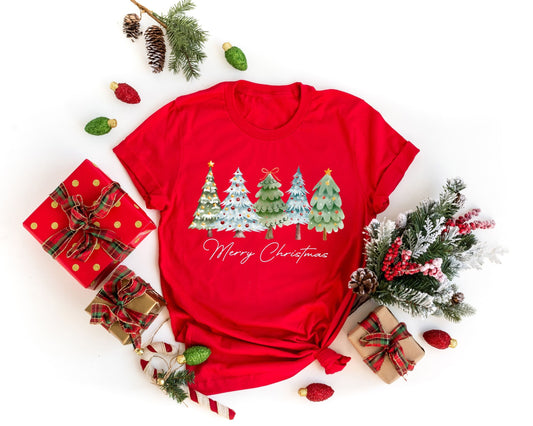 Colorful Christmas trees adorned with holiday decorations on a red t-shirt, perfect for festive seasonal wear using ready-to-press heat transfer.