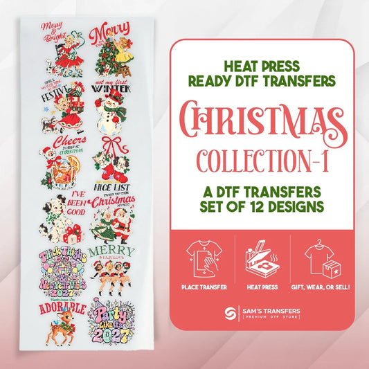 Christmas DTF transfer bundle featuring 12 ready-to-press retro vintage christmas & new year designs.