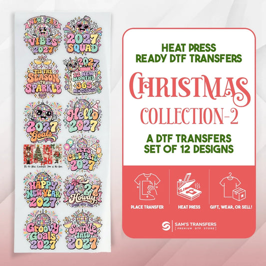 Christmas DTF transfer bundle featuring 12 ready-to-press groovy new year 2027 disco designs.