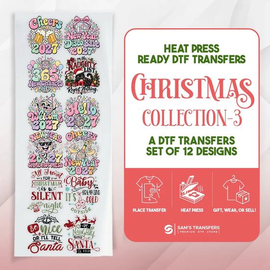 Christmas DTF transfer bundle featuring 12 ready-to-press new year 2027 & cheeky santa designs.