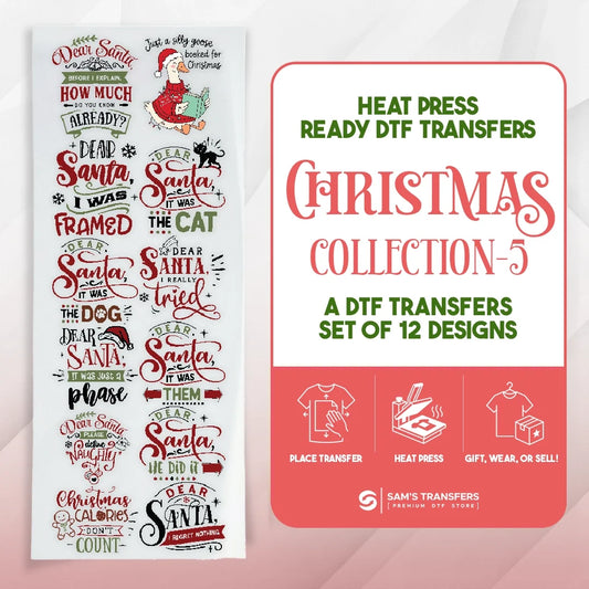 Christmas DTF transfer bundle featuring 12 ready-to-press dear santa funny excuse designs.