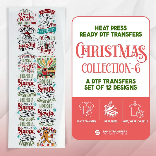 Christmas DTF transfer bundle featuring 12 ready-to-press funny santa & family lettering designs.