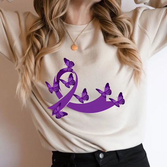 Beige sweatshirt featuring a purple awareness ribbon with butterflies DTF design, symbolizing support for various causes.

