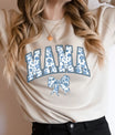 DTF Transfers ready to press – Blue Floral Bow Mama design featuring floral-filled collegiate letters and matching bow on beige t-shirt.