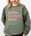DTF Transfers ready to press – Mama Mommy Mom Bruh with pastel bows design on green sweatshirt for Mother's Day or custom mom shirts.
