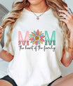 DTF Transfers ready to press – Mom the Heart of the Family sunflower design for custom shirts, ideal for Mother’s Day or boutique gifting.