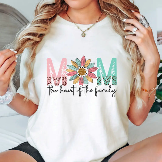 DTF Transfers ready to press – Mom the Heart of the Family sunflower design for custom shirts, ideal for Mother’s Day or boutique gifting.