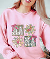 DTF Transfers ready to press – retro floral patchwork MAMA design with flowers and bows on pink sweatshirt, ideal for Mother's Day or spring launches.