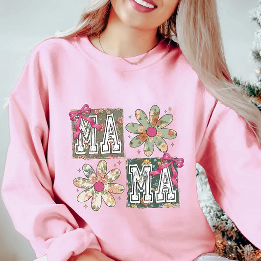 DTF Transfers ready to press – retro floral patchwork MAMA design with flowers and bows on pink sweatshirt, ideal for Mother's Day or spring launches.