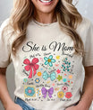 DTF Transfers ready to press – She is Mom design with Bible verses, floral icons, and faith-based affirmations for shirts and Mother's Day gifts.