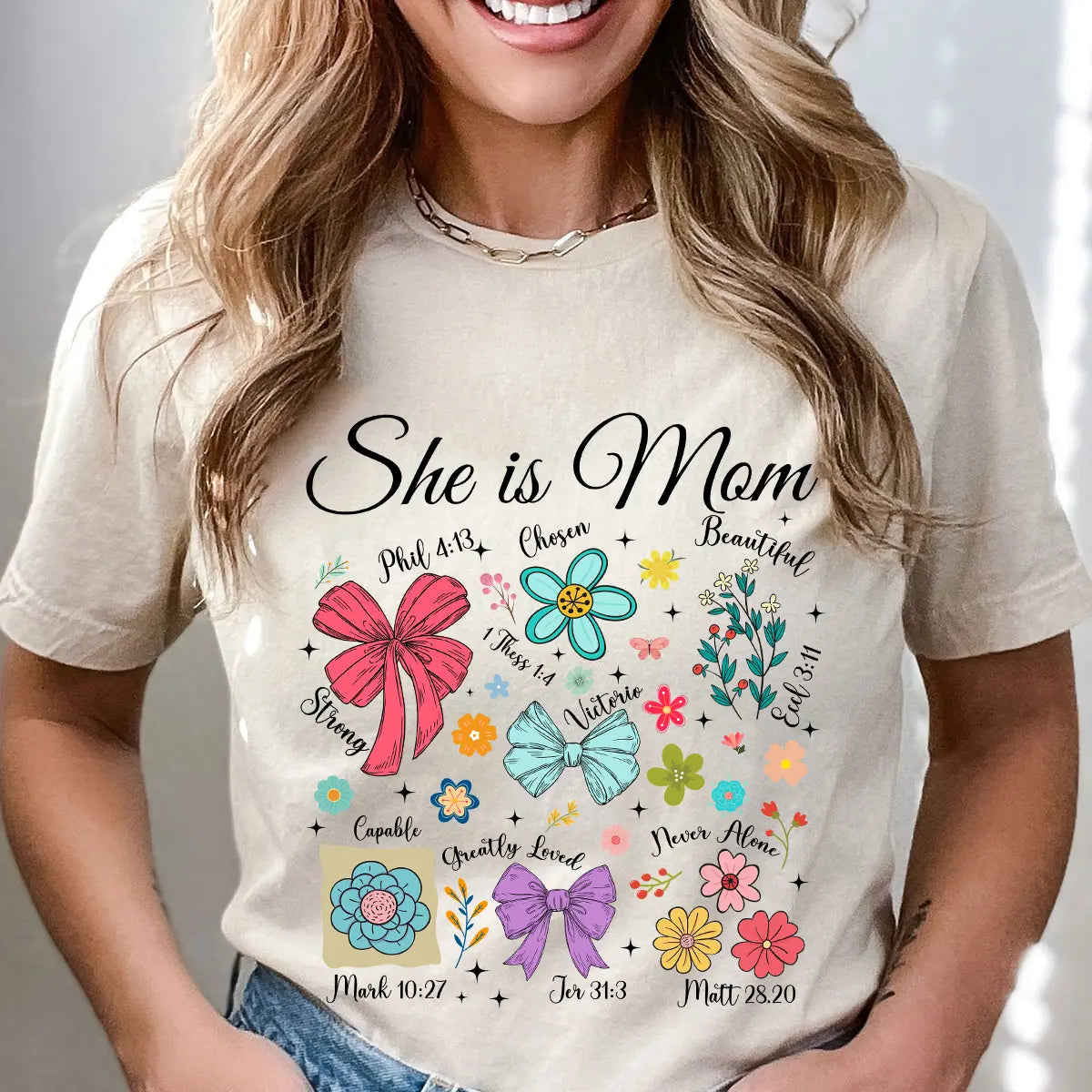 DTF Transfers ready to press – She is Mom design with Bible verses, floral icons, and faith-based affirmations for shirts and Mother's Day gifts.