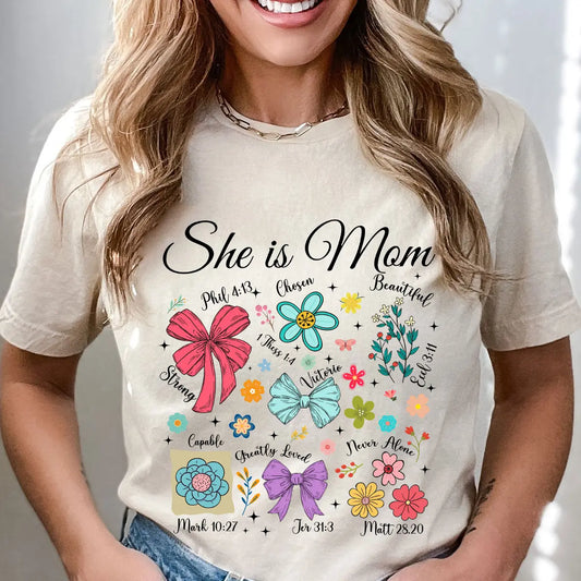 DTF Transfers ready to press – She is Mom design with Bible verses, floral icons, and faith-based affirmations for shirts and Mother's Day gifts.