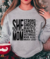 DTF Transfers ready to press – bold “She is Mom” design with empowering Bible verse affirmations for faith-based apparel and Mother's Day gifts.