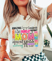 DTF Transfers ready to press – colorful MOM design surrounded by words like patient, caring, inspiring. Great for custom t-shirts and Mother’s Day gifts.