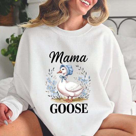 DTF Transfers ready to press – Mama Goose in bonnet surrounded by florals, perfect for cute custom shirts, Mother's Day, or boutique apparel.