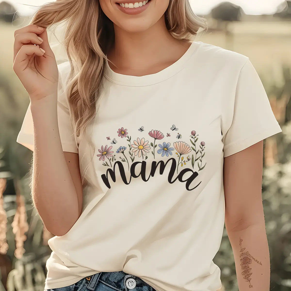 Woman in cream t-shirt featuring pastel floral and butterfly graphic with hand-lettered “mama” – example of DTF Transfers ready to press for moms.