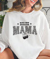 DTF Transfers ready to press – Boujee Mama checkerboard heat transfer with cherry design on white sweatshirt.