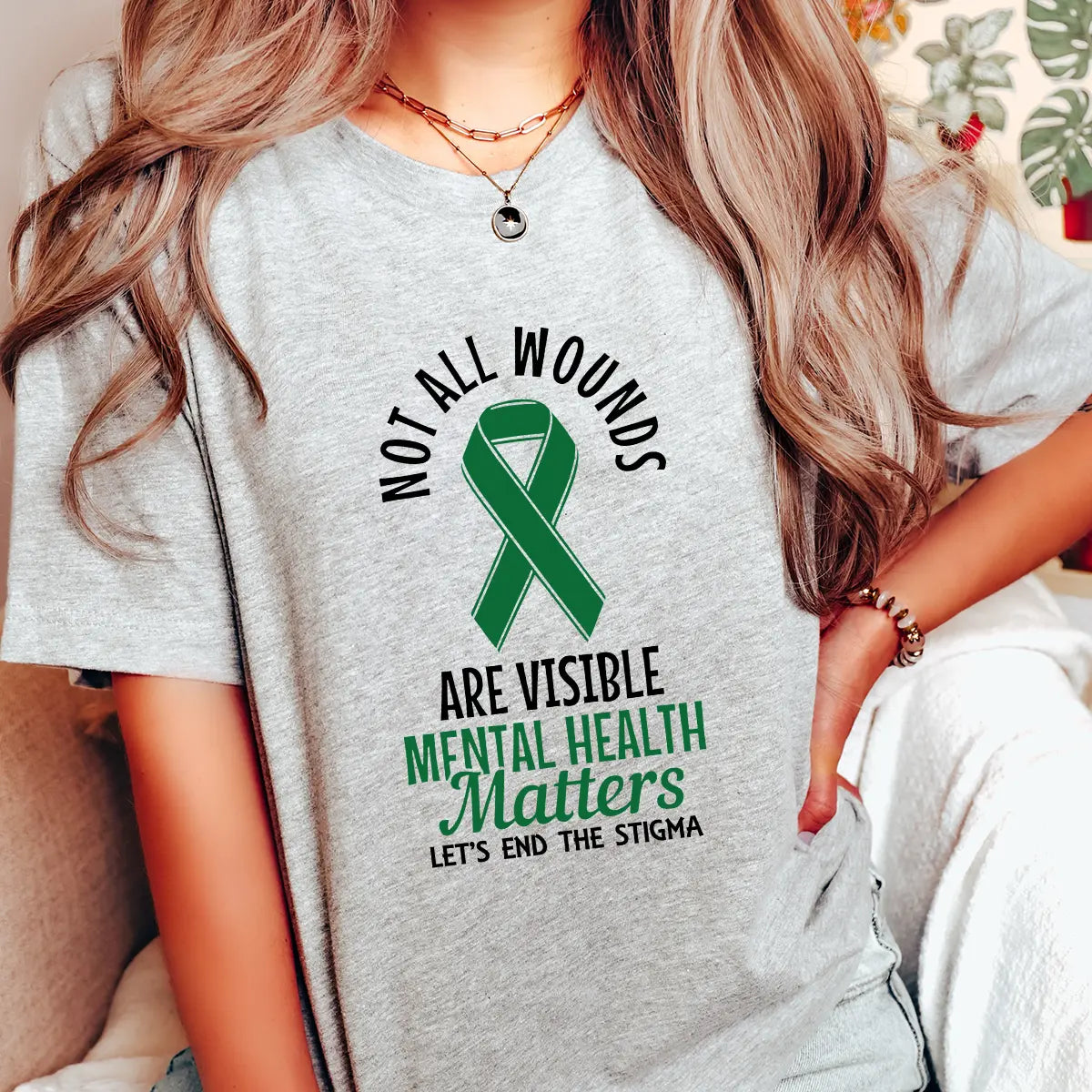 DTF Transfers ready to press – Mental Health Matters design with green ribbon and “Not all wounds are visible” message. Ideal for awareness shirts and advocacy apparel.