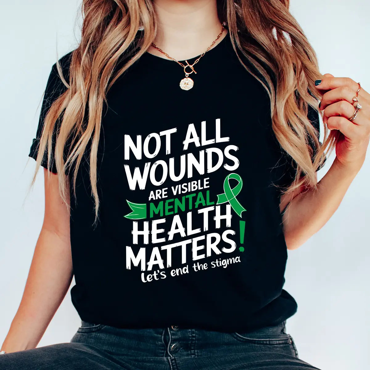 DTF Transfers ready to press – Mental Health Matters quote with green ribbon design on black shirt, perfect for awareness, advocacy, or boutique tees.