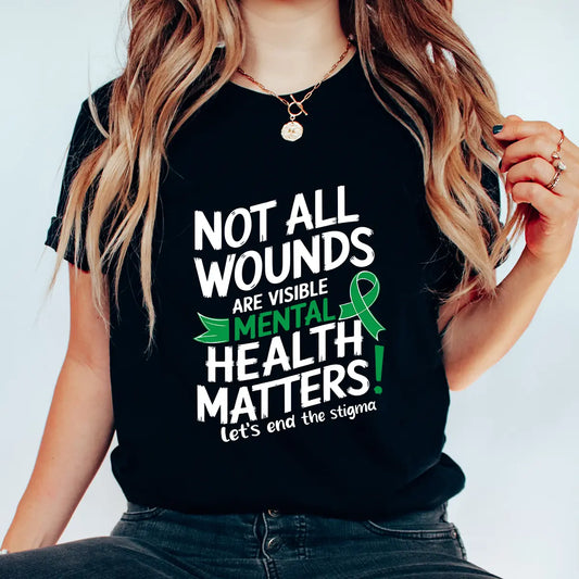 DTF Transfers ready to press – Mental Health Matters quote with green ribbon design on black shirt, perfect for awareness, advocacy, or boutique tees.