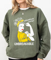 DTF Transfers ready to press – Endometriosis Warrior Rosie-style design with yellow ribbon tattoo and “Unbreakable” text, perfect for awareness and support apparel.