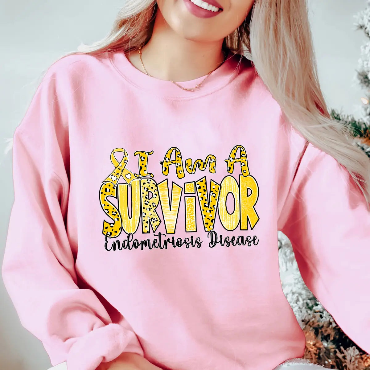 DTF Transfers ready to press – “I Am A Survivor” endometriosis design in yellow with awareness ribbon and leopard accents, ideal for advocacy and custom tees.