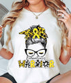DTF Transfers ready to press – retro woman with glasses, yellow ribbon & “Endometriosis Warrior” text in leopard print on shirt, chronic illness support design.