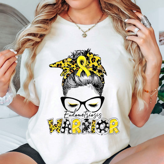 DTF Transfers ready to press – retro woman with glasses, yellow ribbon & “Endometriosis Warrior” text in leopard print on shirt, chronic illness support design.