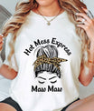 White tee mockup featuring messy bun with leopard-print bandana and “Hot Mess Express Maw Maw” slogan DTF Transfer design.