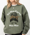 Olive-green sweatshirt mockup with messy bun and leopard-print bandana “Hot Mess Express Maw Maw” DTF Transfer design.