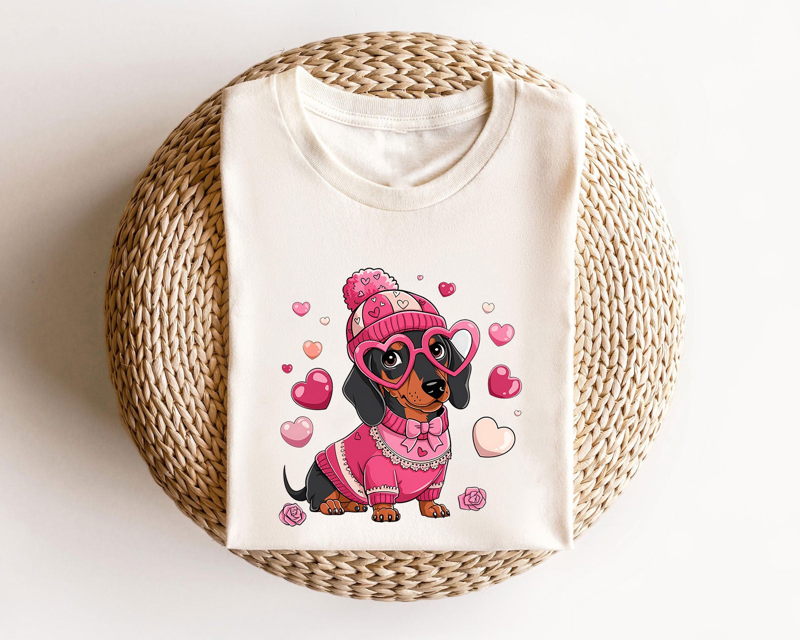 Dachshund in pink outfit with hearts - ready-to-press dog-themed DTF transfer design.