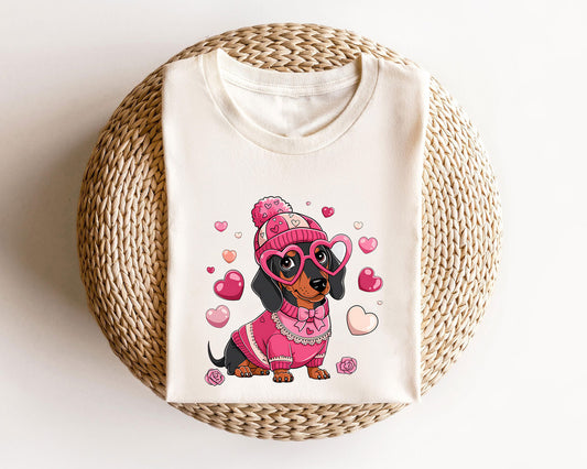 Dachshund in pink outfit with hearts - ready-to-press dog-themed DTF transfer design.