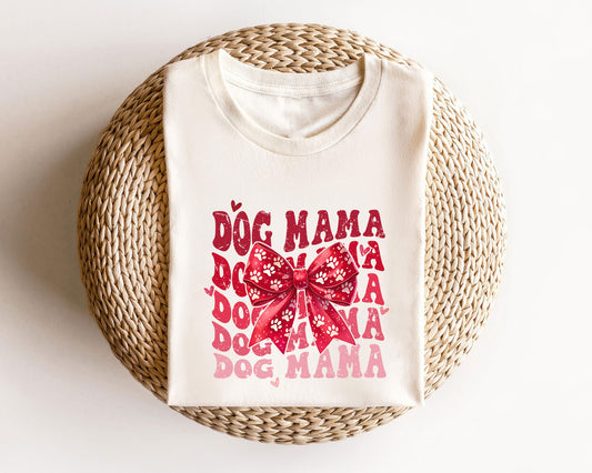 Dog Mama red bow ready-to-press DTF transfer design for custom T-shirts and hoodies.