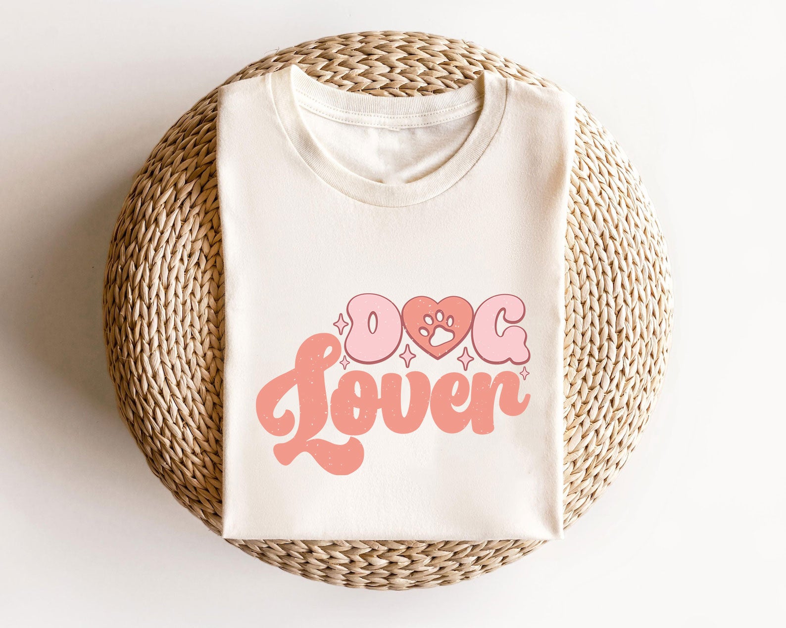 Dog Lover ready-to-press DTF transfer design with pink text and paw heart for custom T-shirts and hoodies.