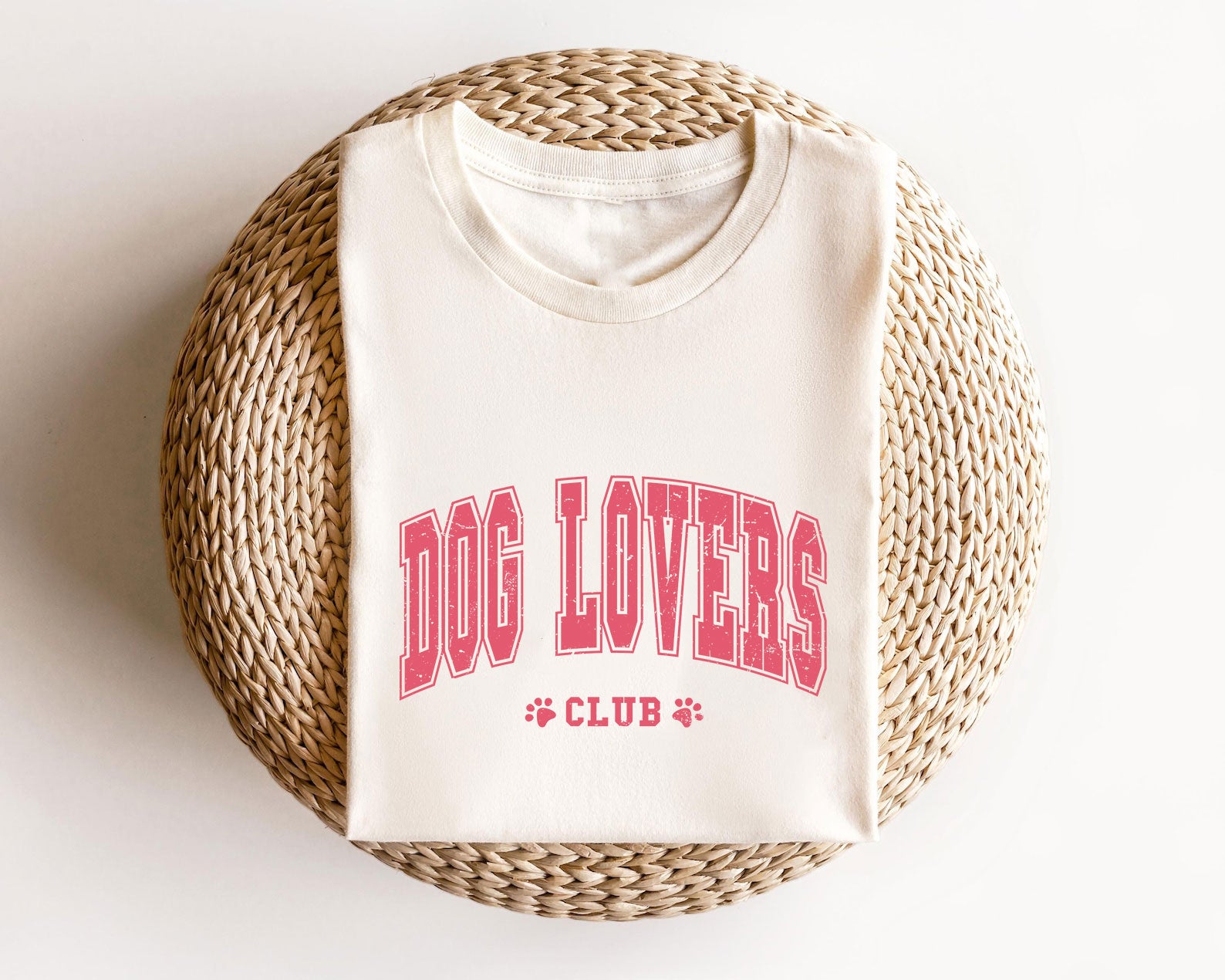 Dog Lovers Club ready-to-press DTF transfer design in bold pink text on a white T-shirt.