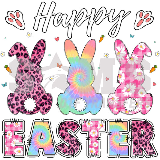 Bright and festive 'HAPPY EASTER' design with three bunny silhouettes in different patterns and colors, surrounded by springtime motifs like flowers, hearts, and paw prints.