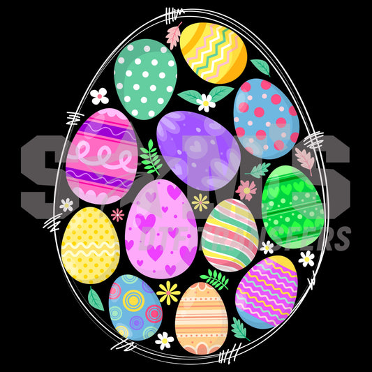 A stunning array of colorful Easter eggs arranged within a white egg-shaped frame against a black background, adorned with small spring flowers and foliage.