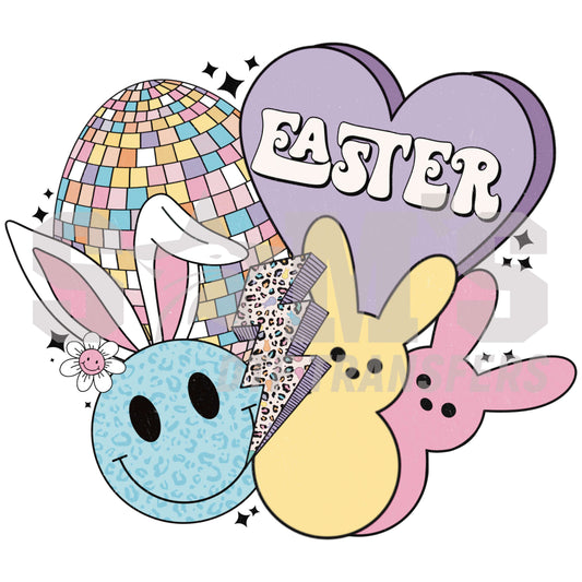 Vibrant Easter design with a disco-style egg, three playful bunnies in pastel shades, and a large heart with the word 'EASTER' set against a backdrop of twinkling stars.